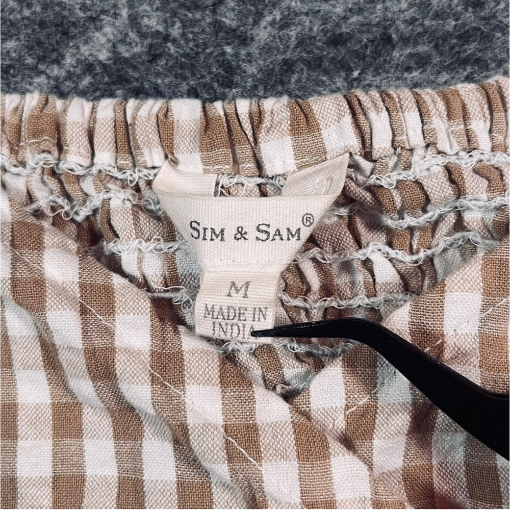 Sim & Sam Crop Top Womens M Tan Gingham Smocked Boho Puff Sleeve Cottagecore - Picture 6 of 10